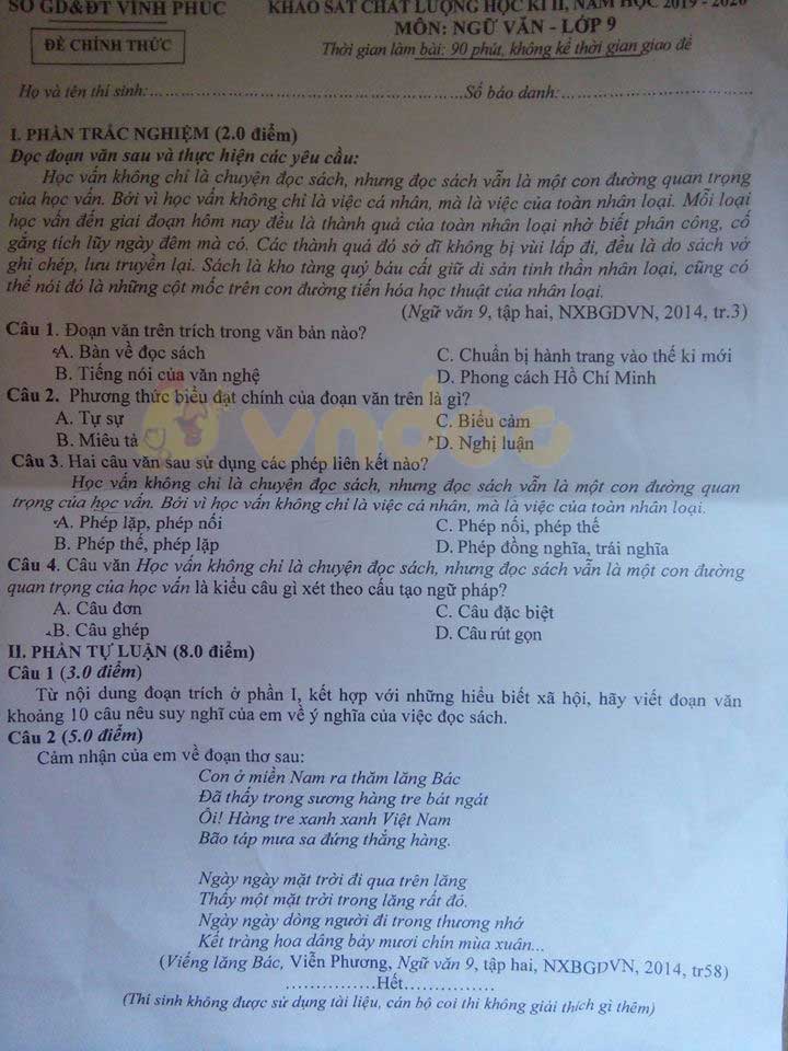 Đề thi học kì 2 lớp 9 môn Văn Sở GD&ĐT Vĩnh Phúc năm học 2019 - 2020