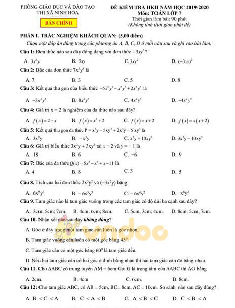 Đề thi học kì 2 Toán 7