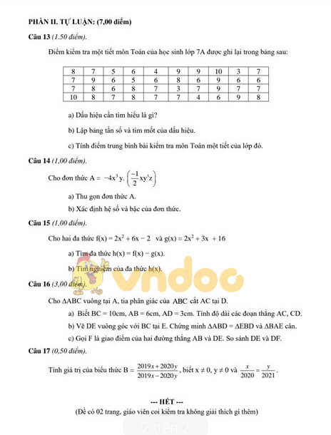 Đề thi học kì 2 Toán 7