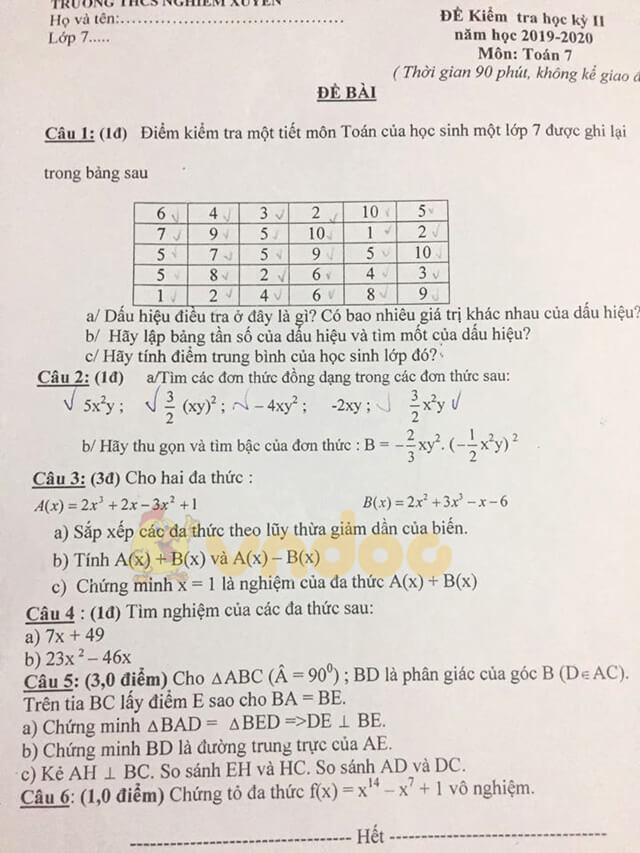 Đề thi học kì 2 Toán 7