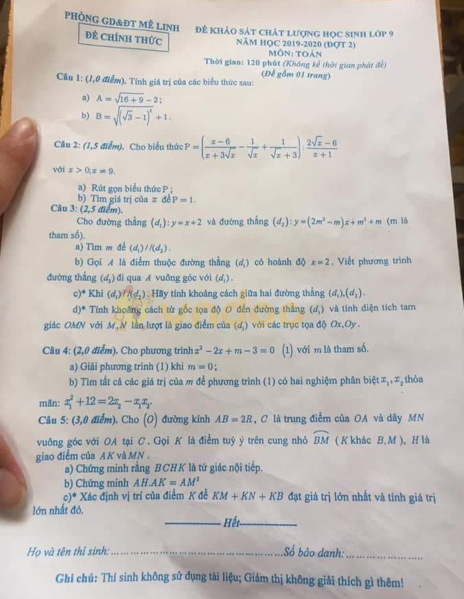 Đề thi khảo sát chất lượng lớp 9 môn Toán Phòng GD&ĐT Mê Linh năm học 2019 - 2020 (đợt 2)