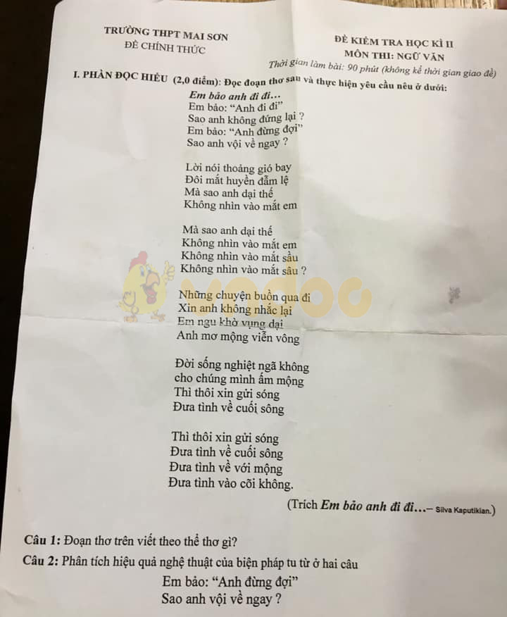 Đề thi học kì 2 lớp 10 môn Ngữ văn Trường THPT Mai Sơn năm 2019 - 2020