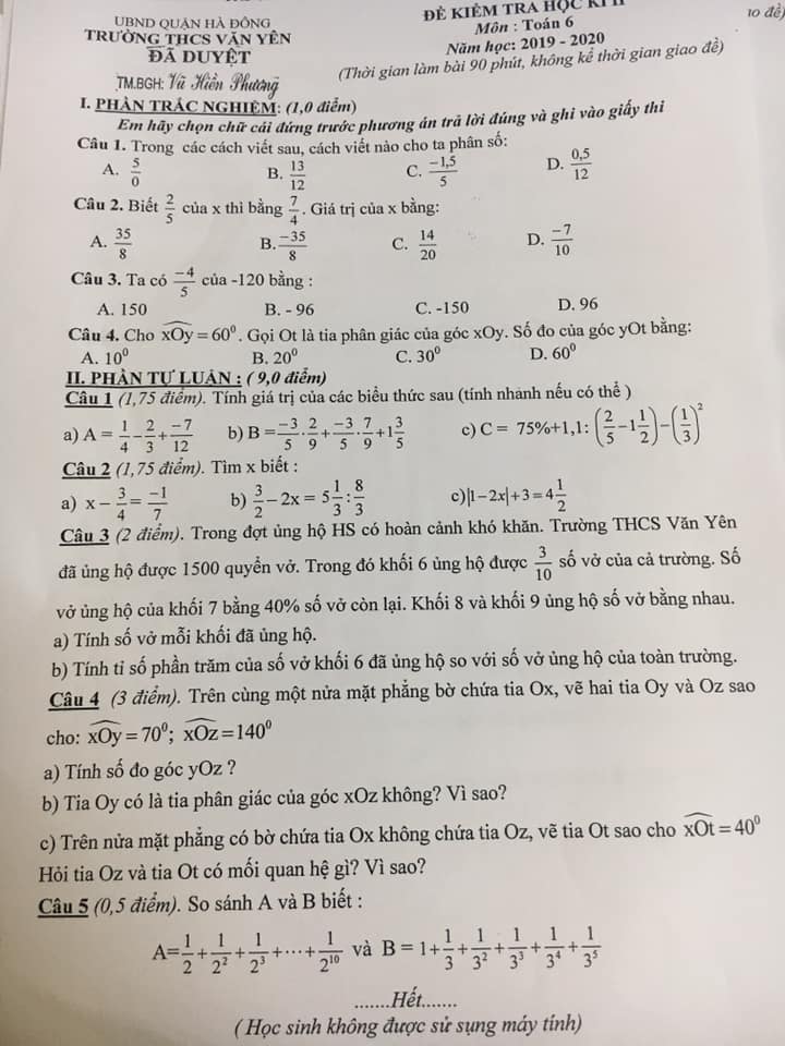 Đề thi học kì 2 lớp 6 môn Toán