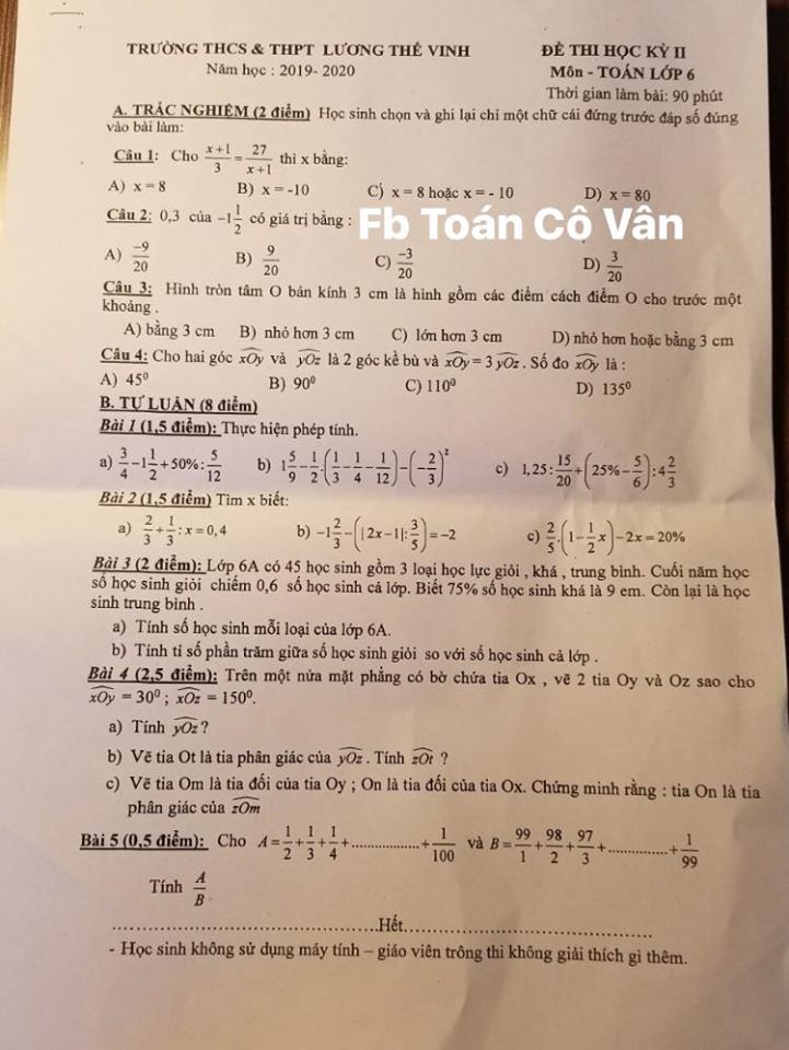 Đề thi học kì 2 lớp 6 môn Toán Lương Thế Vinh