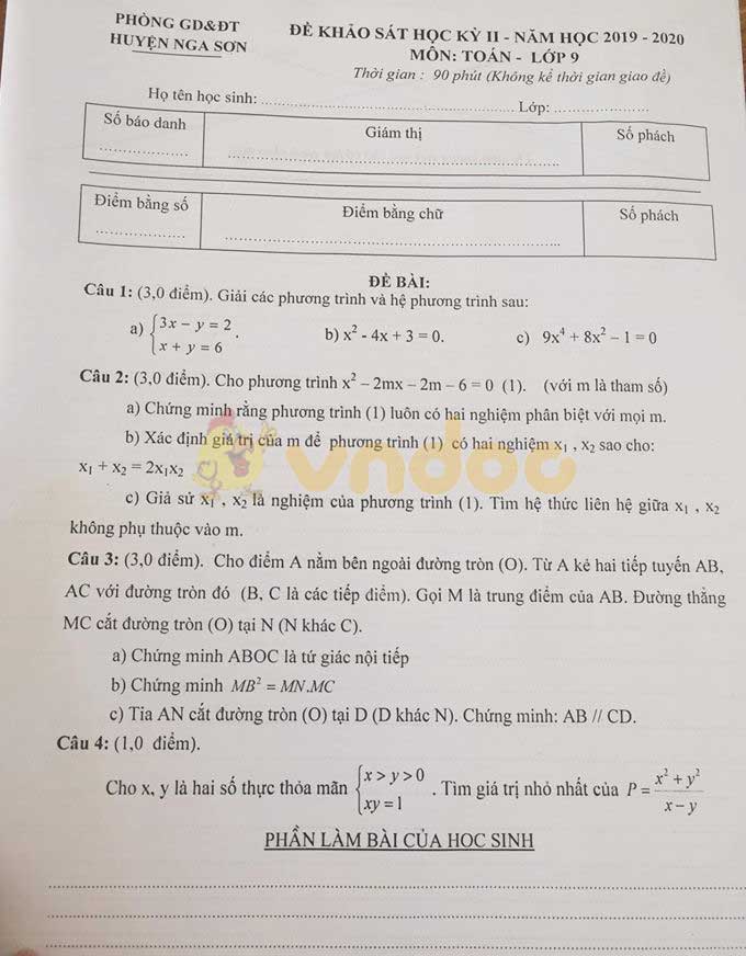 Đề thi học kì 2 lớp 9 môn Toán phòng GD&ĐT huyện Nga Sơn năm học 2019 - 2020