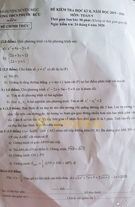Đề thi học kì 2 lớp 9 môn Toán Trường THCS Phước Bửu, Xuyên Mộc năm học 2019 - 2020