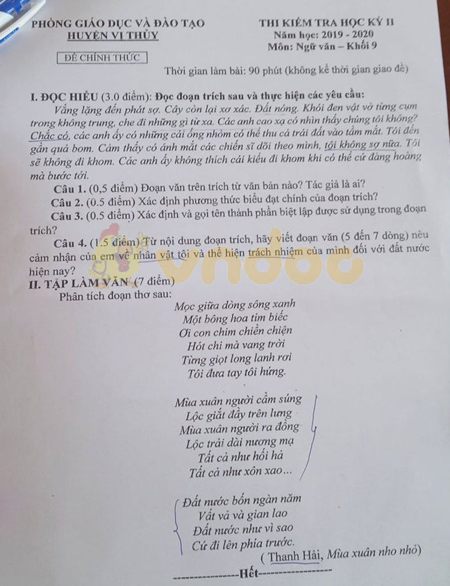 Đề thi học kì 2 lớp 9 môn Văn Phòng GD&ĐT huyện Vị Thủy năm 2020