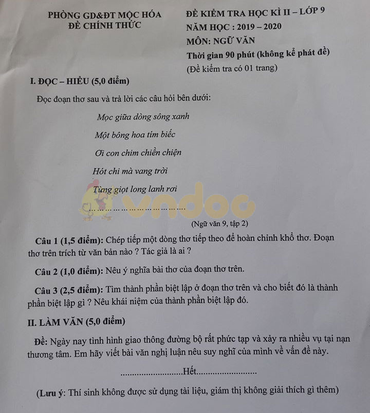 Đề thi học kì 2 lớp 9 môn Văn Phòng GD&ĐT Mộc Hóa năm học 2019 - 2020