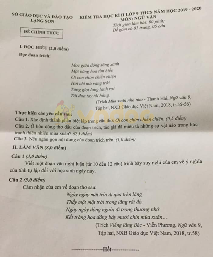 Đề thi học kì 2 lớp 9 môn Văn Sở GD&ĐT Lạng Sơn năm học 2019 - 2020