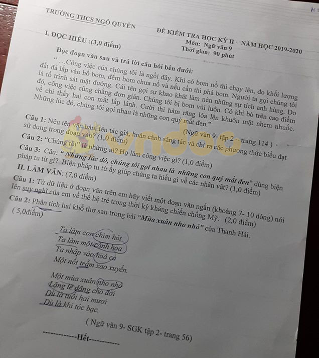 Đề thi học kì 2 lớp 9 môn Văn Trường THCS Ngô Quyền năm học 2019 - 2020