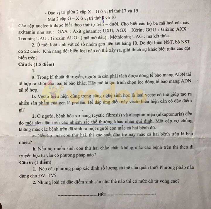 Đề thi tham khảo tuyển sinh vào lớp 10 môn Sinh học Phòng GD&ĐT Hội An năm học 2020 - 2021