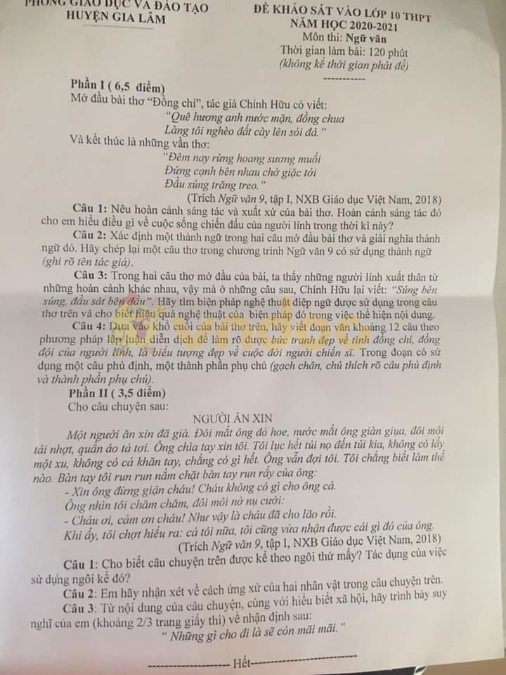 Đề thi thử vào lớp 10 môn Ngữ văn Phòng GD&ĐT huyện Gia Lâm năm 2020