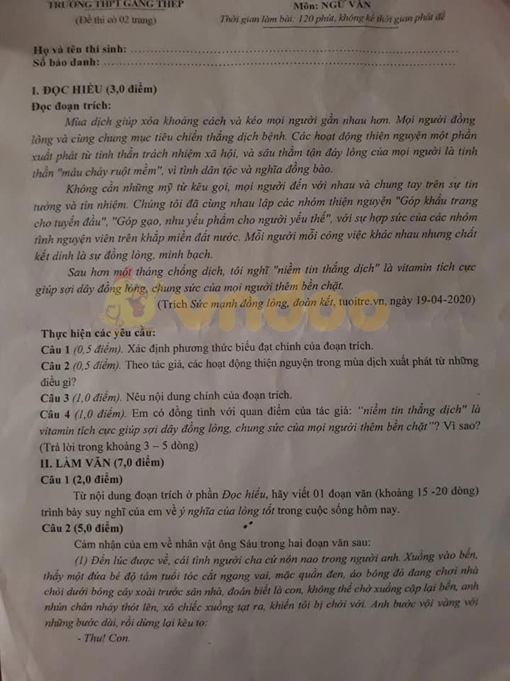 Đề thi thử vào lớp 10 môn Ngữ văn Trường THPT Gang Thép năm 2020