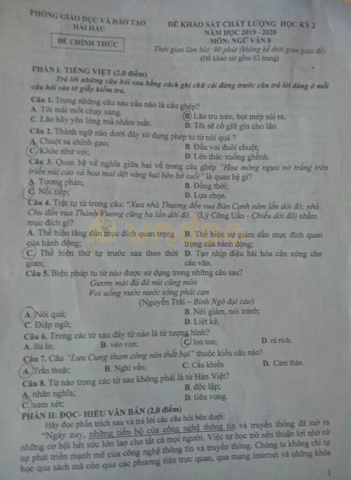 Đề thi Văn lớp 8 học kì 2 năm 2020 Phòng GD&ĐT Hải Hậu