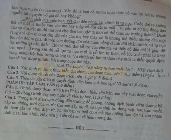Đề thi Văn lớp 8 học kì 2 năm 2020 Phòng GD&ĐT Hải Hậu