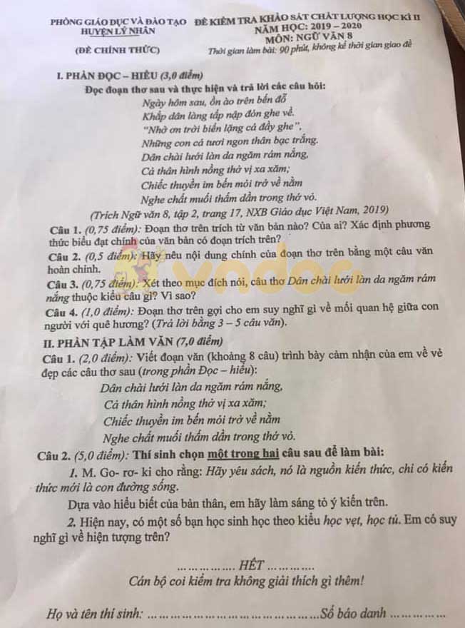 Đề thi Văn lớp 8 học kì 2 năm 2020 Phòng GD&ĐT huyện Lý Nhân