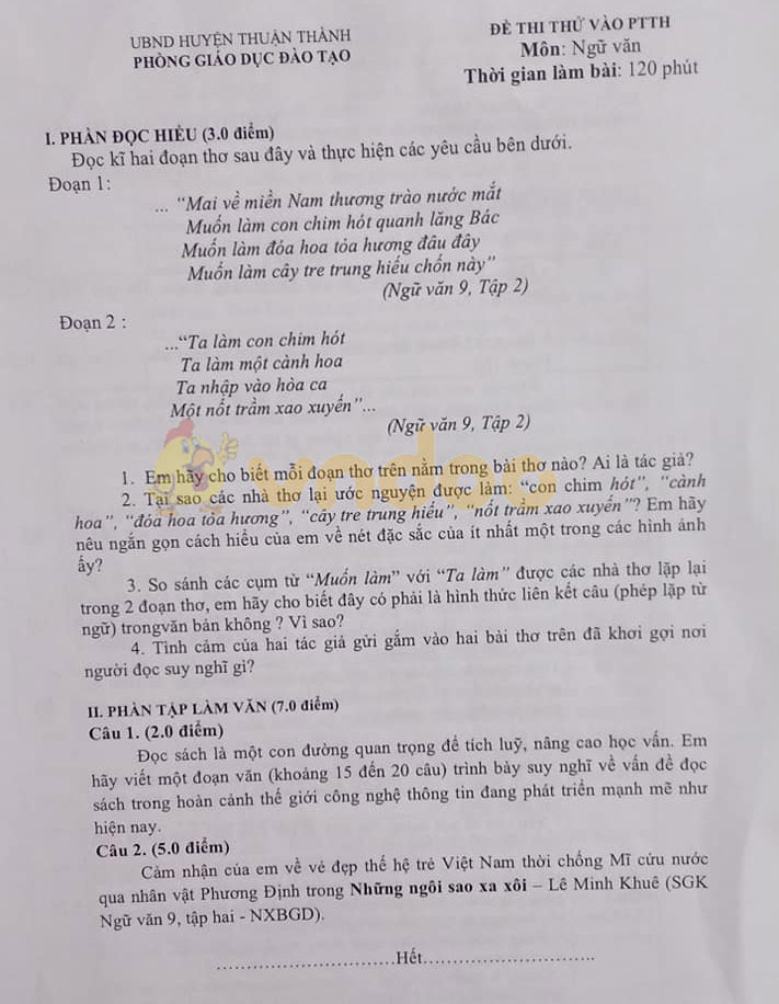 Đề thi thử vào lớp 10 môn Ngữ văn Phòng GD&ĐT huyện Thuận Thành năm 2020