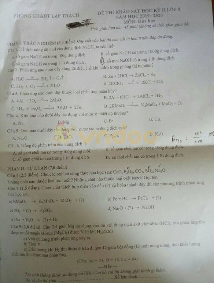 Đề thi Hóa lớp 8 học kì 2 năm 2020 Phòng GD&ĐT Lập Thạch