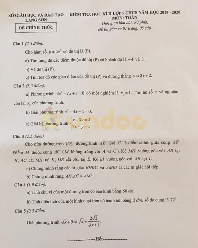 Đề thi học kì 2 lớp 9 môn Toán Sở GD&ĐT TP Lạng Sơn năm học 2019 - 2020