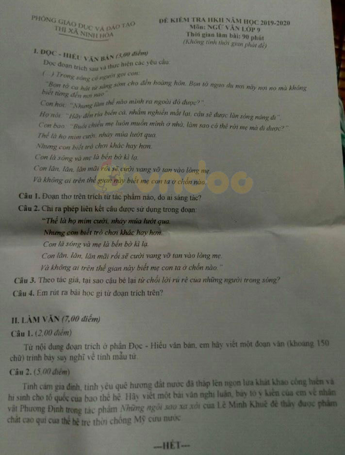 Đề thi học kì 2 lớp 9 môn Văn Phòng GD&ĐT Ninh Hoà năm 2020