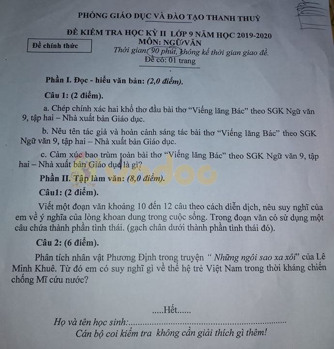 Đề thi học kì 2 lớp 9 môn Văn Phòng GD&ĐT Thanh Thủy, Phú Thọ năm 2020