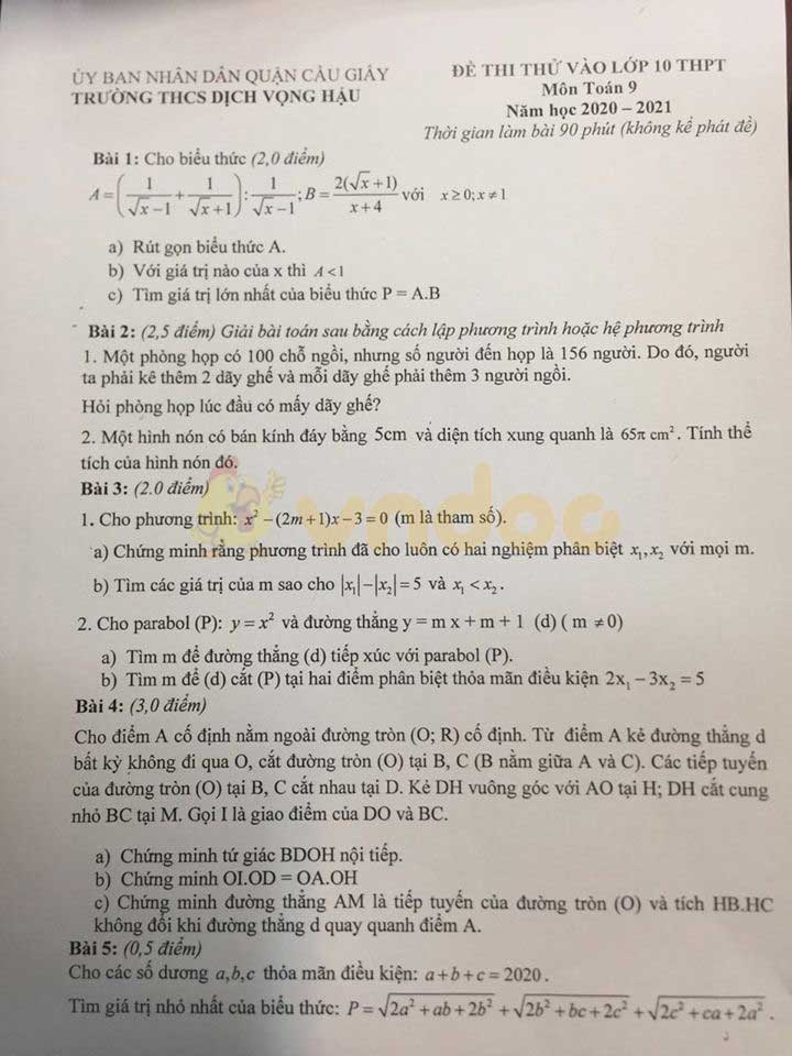 Đề thi thử vào lớp 10 môn Ngữ văn Trường THCS Dịch Vọng Hậu, Cầu Giấy năm 2020