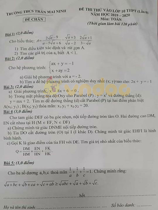 Đề thi thử vào lớp 10 môn Toán Trường THCS Trần Mai Ninh năm 2020 (lần 1)