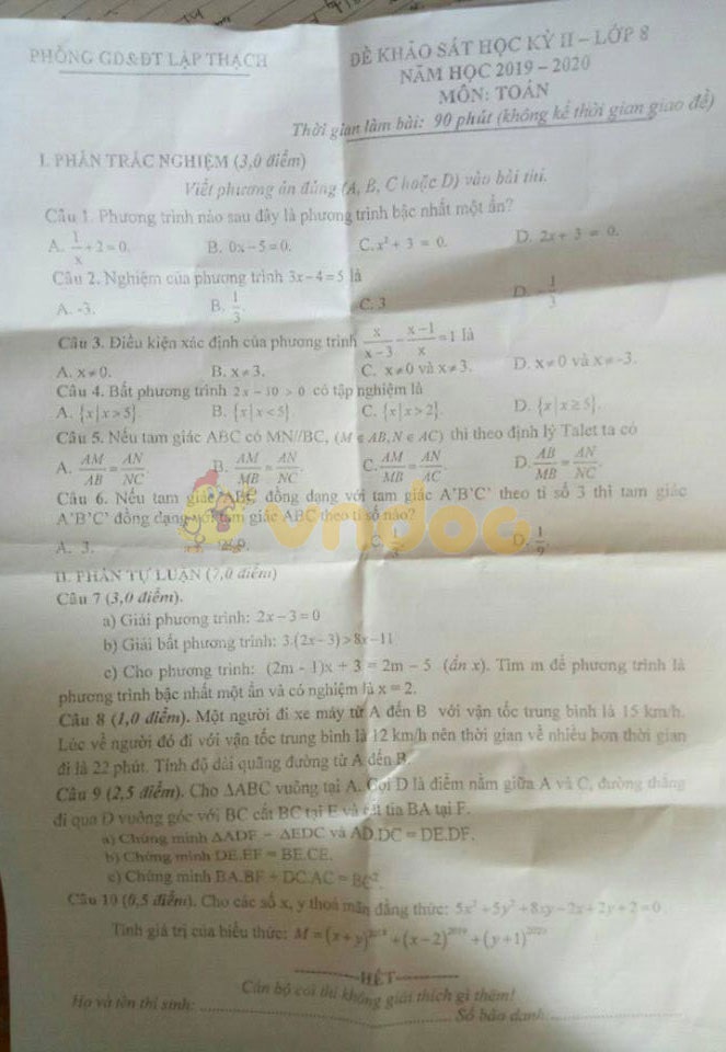 Đề thi Toán lớp 8 học kì 2 năm 2020 Phòng GD&ĐT Lập Thạch