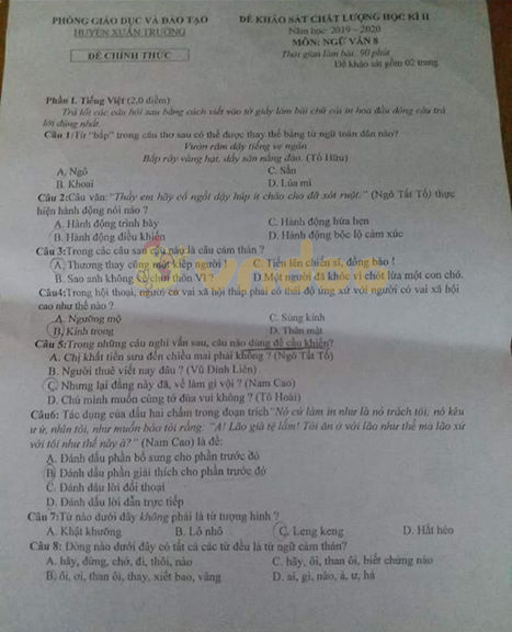 Đề thi Văn lớp 8 học kì 2 năm 2020 Phòng GD&ĐT huyện Xuân Trường
