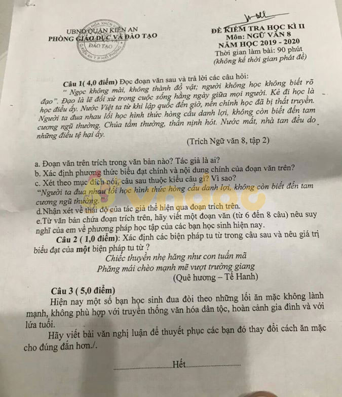 Đề thi Văn lớp 8 học kì 2 năm 2020 Phòng GD&ĐT Kiến An