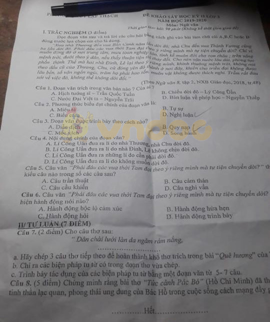 Đề thi Văn lớp 8 học kì 2 năm 2020 Phòng GD&ĐT Lập Thạch