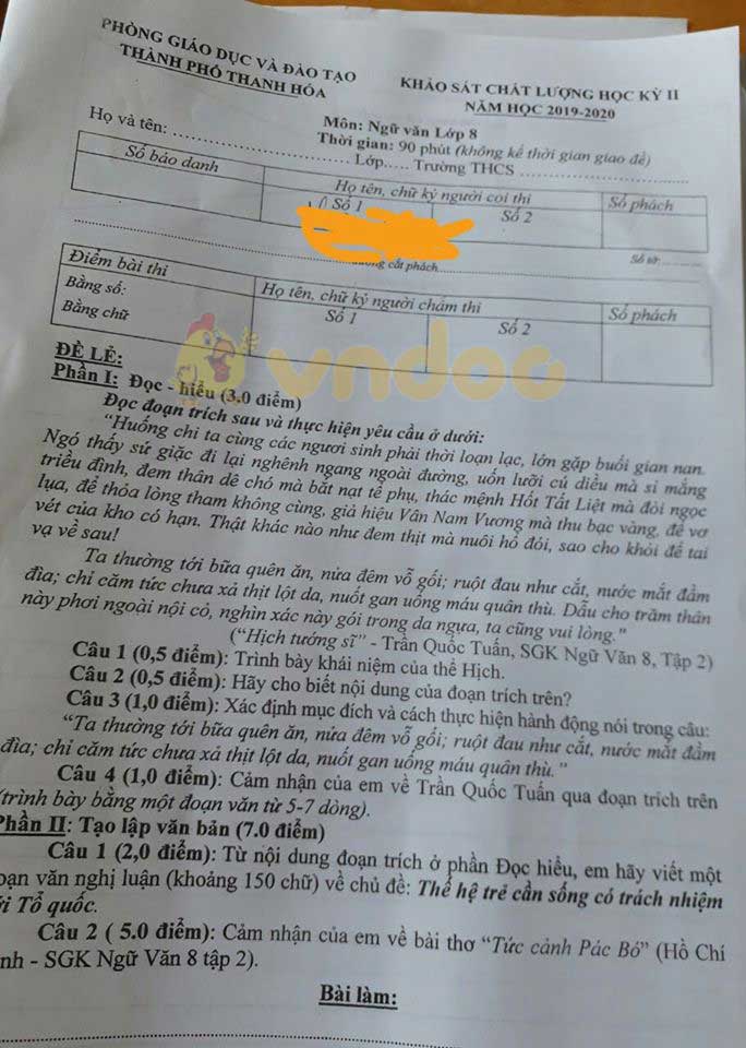 Đề thi Văn lớp 8 học kì 2 năm 2020 Phòng GD&ĐT Thanh Hóa