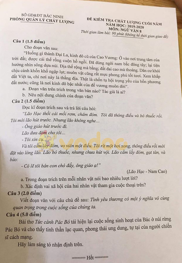 Đề thi Văn lớp 8 học kì 2 năm 2020 Sở GD&ĐT Bắc Ninh