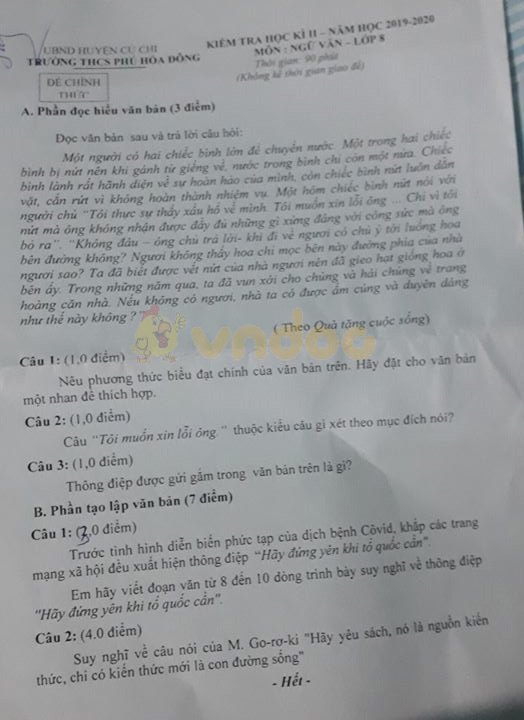 Đề thi Văn lớp 8 học kì 2 năm 2020 Trường THCS Phú Hòa Đông, Củ Chi