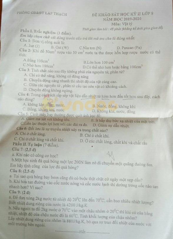 Đề thi Vật lý lớp 8 học kì 2 năm 2020 Phòng GD&ĐT Lập Thạch