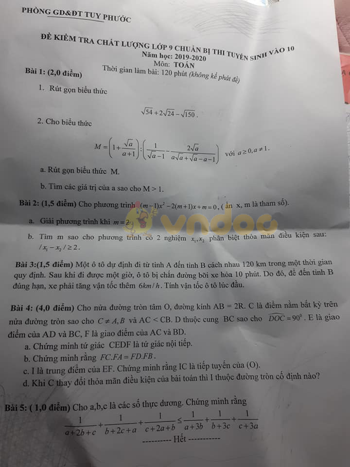 Đề thi học kì 2 lớp 9 môn Toán Phòng GD&ĐT Tuy Phước, Bình Định năm học 2019 - 2020
