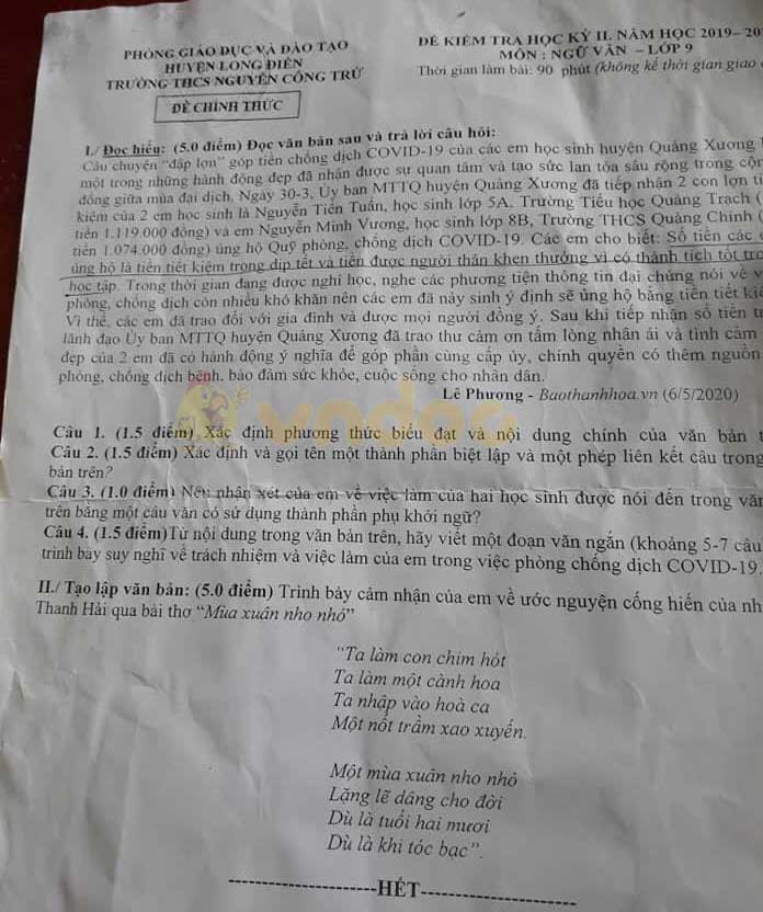 Đề thi học kì 2 lớp 9 môn Văn Trường THCS Nguyễn Công Trứ, Long Điền năm 2020