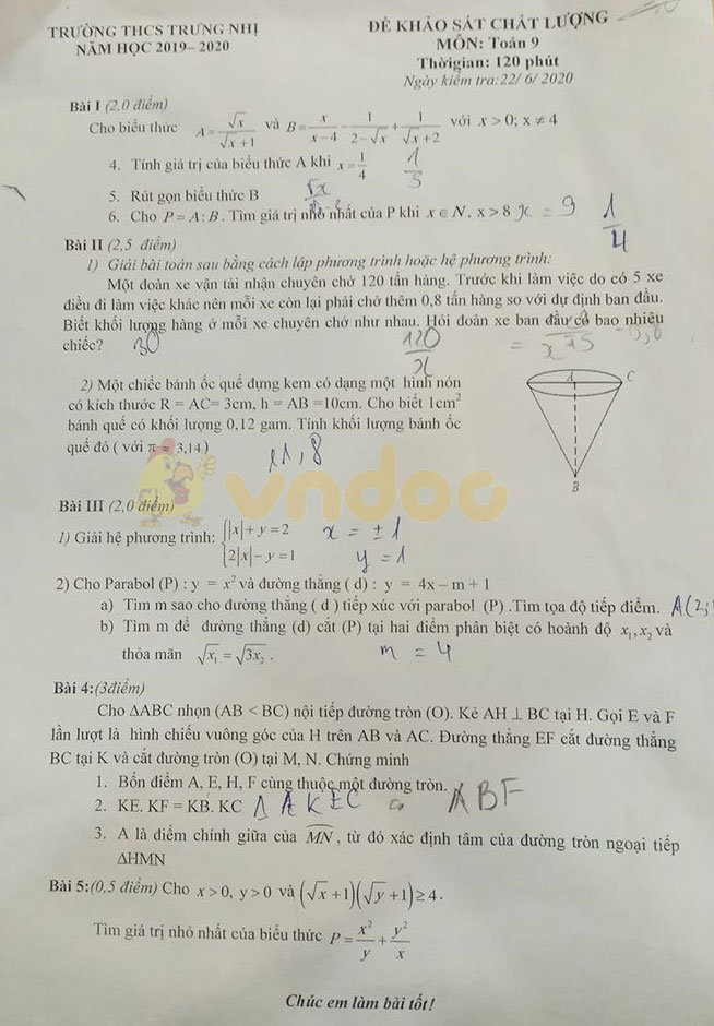Đề thi khảo sát chất lượng lớp 9 môn Toán Trường THCS Trưng Nhị năm học 2019 - 2020