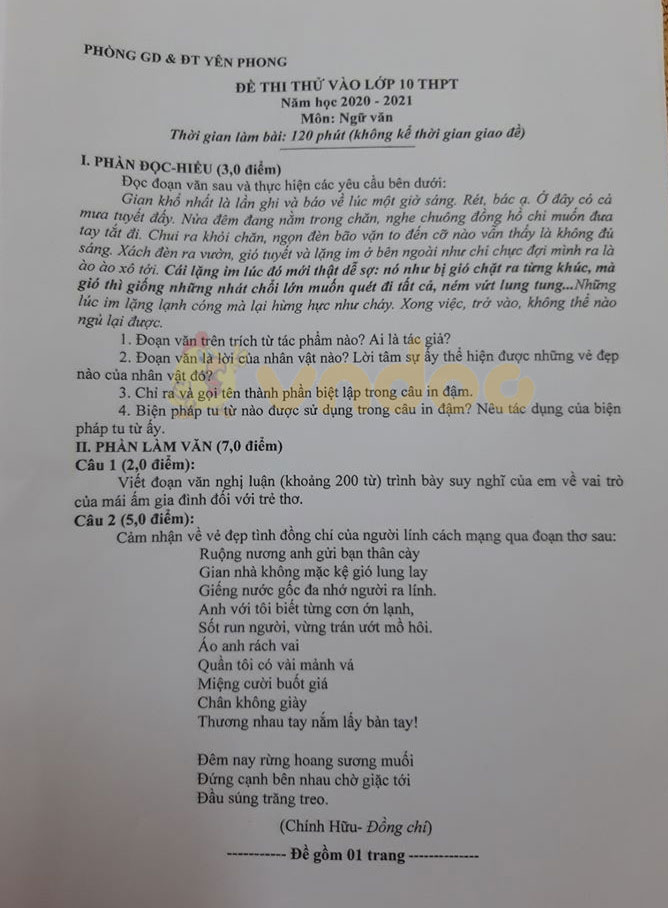 Đề thi thử vào lớp 10 môn Ngữ văn Phòng GD&ĐT Yên Phong năm 2020