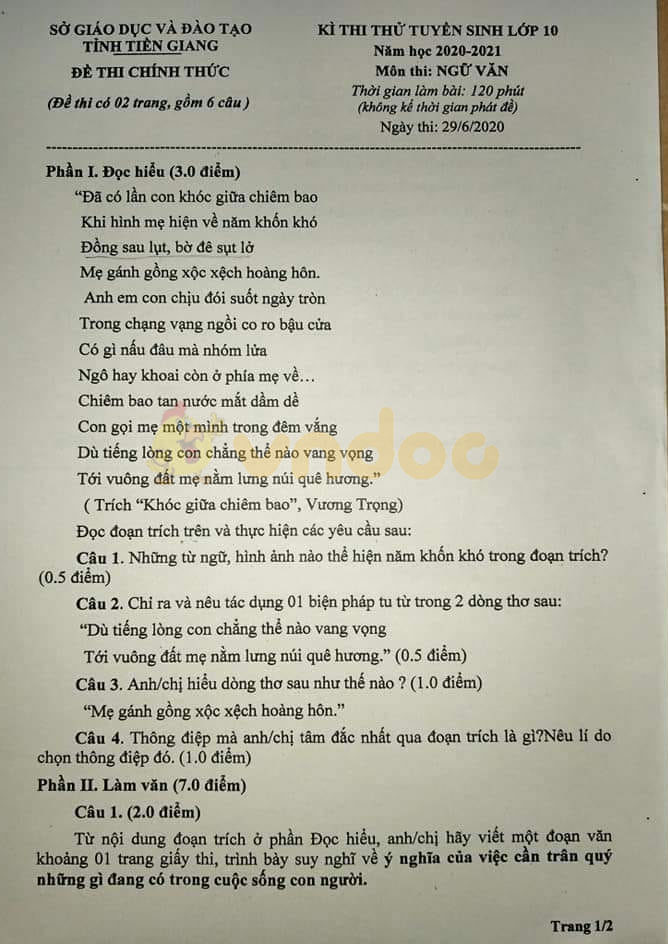 Đề thi thử vào lớp 10 môn Ngữ văn Sở GD&ĐT Tiền Giang năm 2020