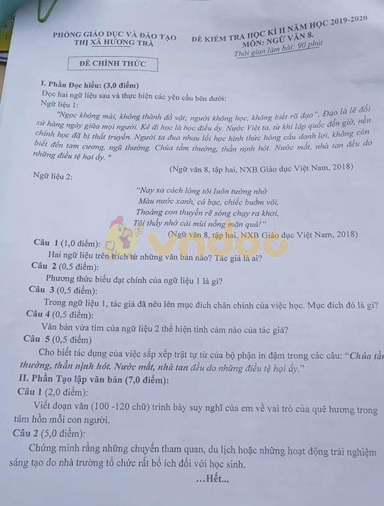 Đề thi Văn lớp 8 học kì 2 năm 2020 Phòng GD&ĐT Thị xã Hương Trà