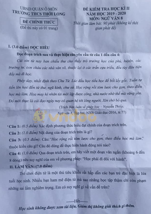 Đề thi Văn lớp 8 học kì 2 năm 2020 Trường THCS Thới Long, Ô Môn