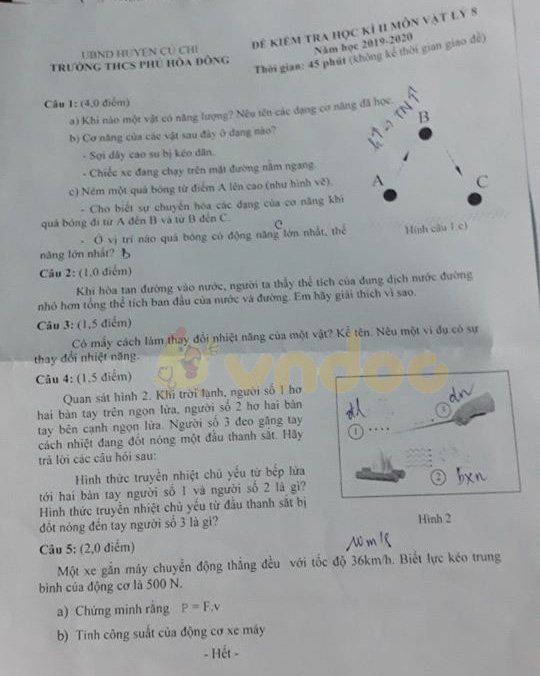 Đề thi Vật lý lớp 8 học kì 2 năm 2020 Trường THCS Phú Hòa Đông, Củ Chi