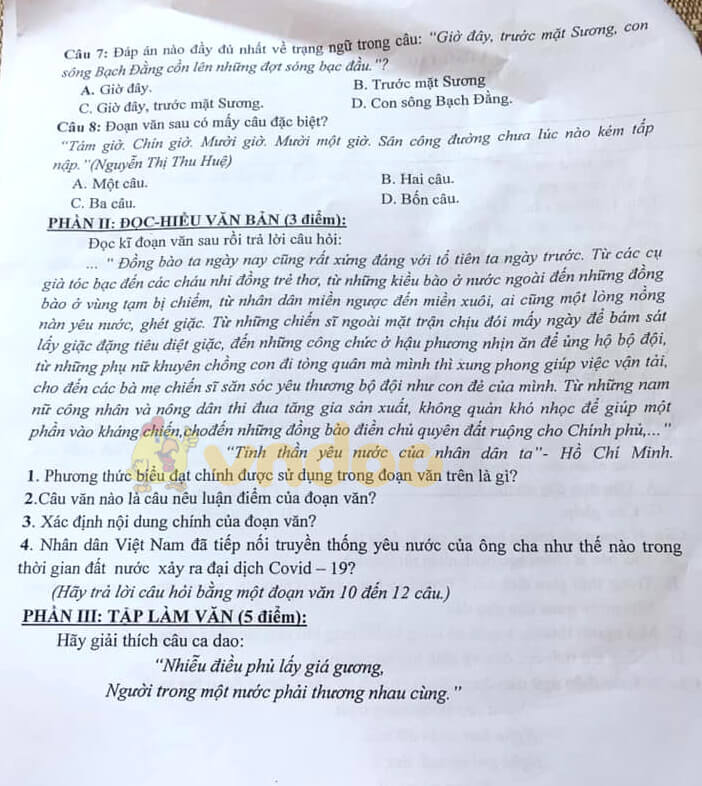 Đề thi học kì 2 lớp 7 môn Văn