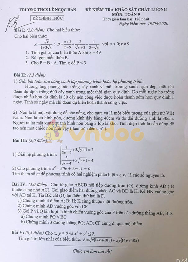 Đề thi khảo sát chất lượng lớp 9 môn Toán Trường THCS Lê Ngọc Hân năm học 2019 - 2020