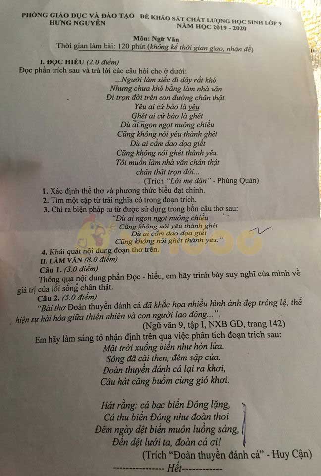 Đề thi khảo sát chất lượng lớp 9 môn Văn Phòng GD&ĐT Hưng Nguyên năm học 2019 - 2020