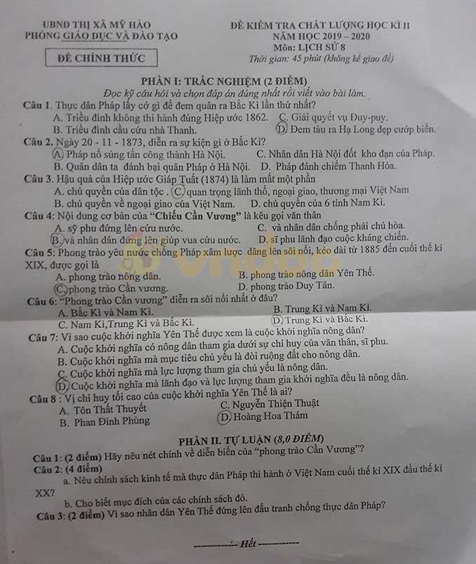 Đề thi Lịch sử lớp 8 học kì 2 năm 2020 Phòng GD&ĐT Thị xã Mỹ Hào