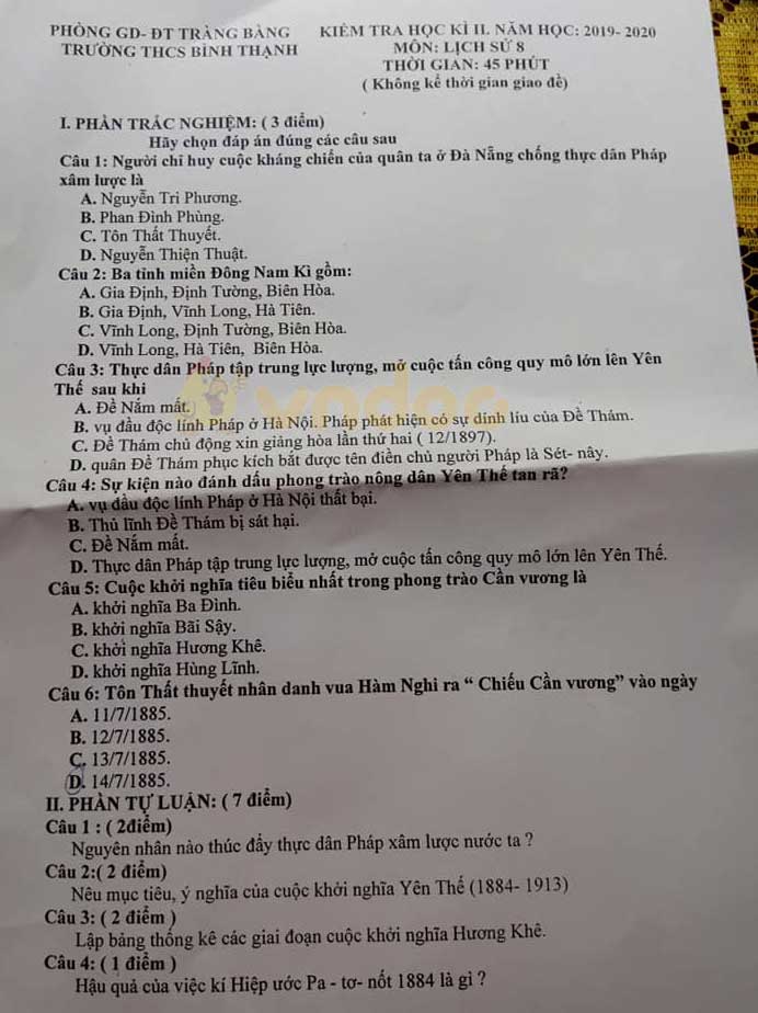 Đề thi Lịch sử lớp 8 học kì 2 năm 2020 Trường THCS Bình Thạnh