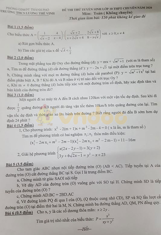 Đề thi thử vào 10 môn Toán trường THCS Lương Thế Vinh năm học 2020 - 2021 (Không chuyên)