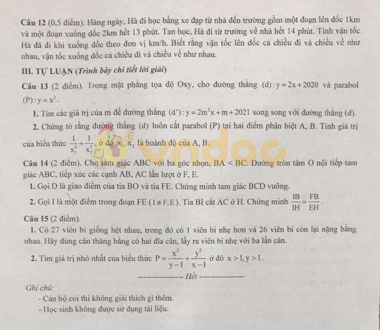 Đề thi thử vào 10 môn Toán Trường THCS & THPT Nguyễn Tất Thành, Hà Nội năm học 2020 - 2021